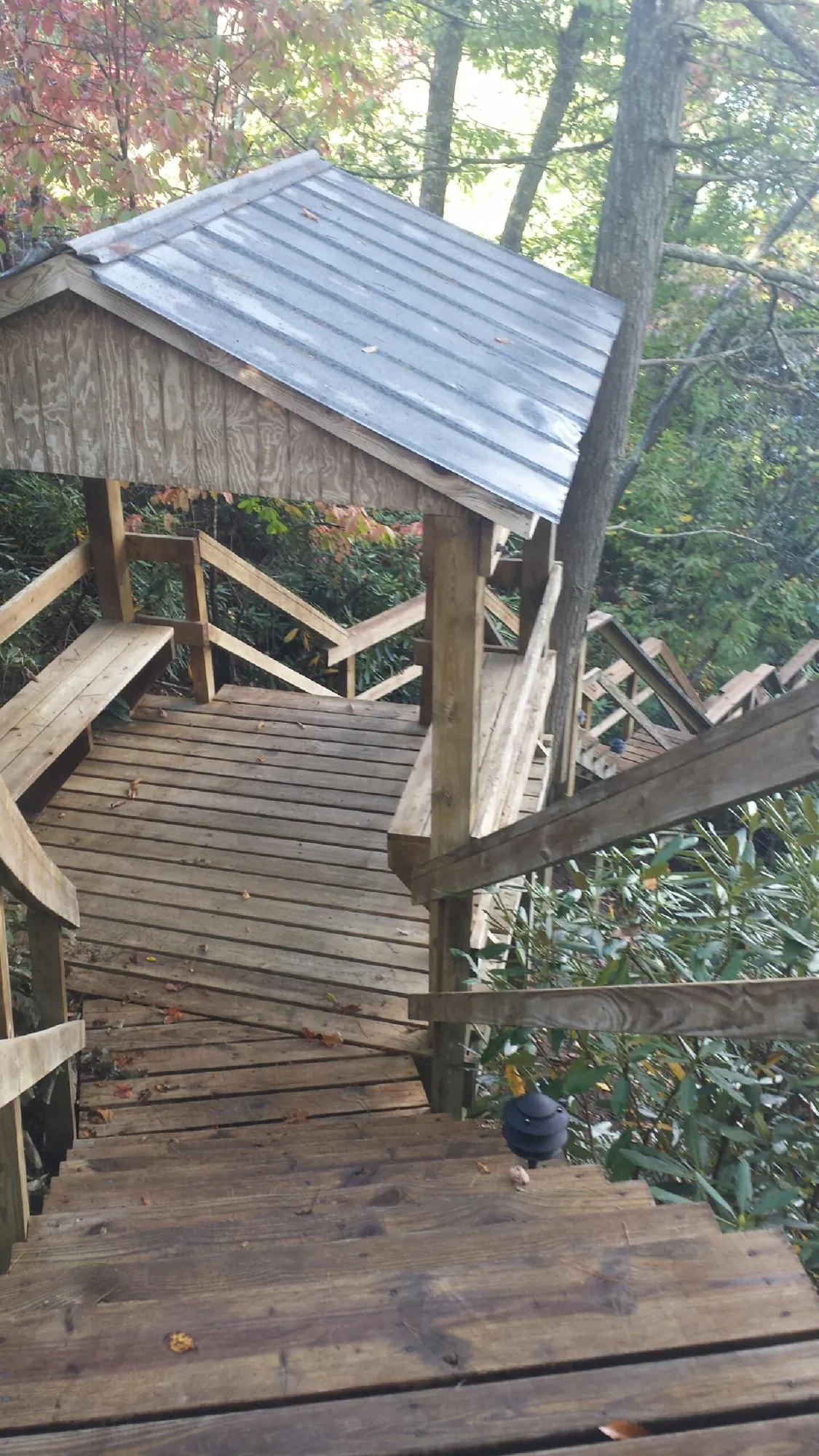 Metal roofed shelter over wooden steps on a wooded walkway — Skylight Repair & Installation work by our crew in Winterthur